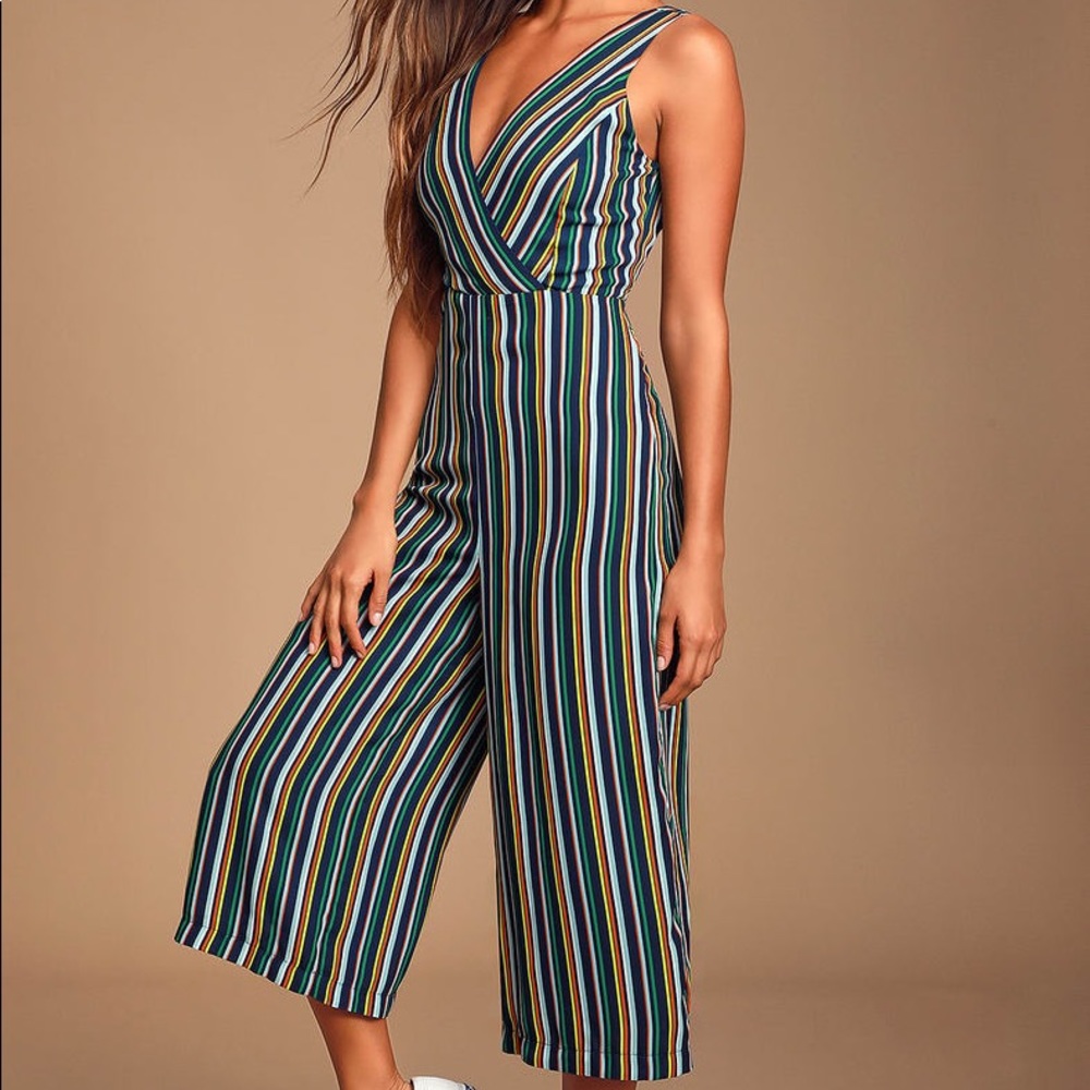 Lulus Allyson Navy Multi Striped Tie-Back Jumpsuit